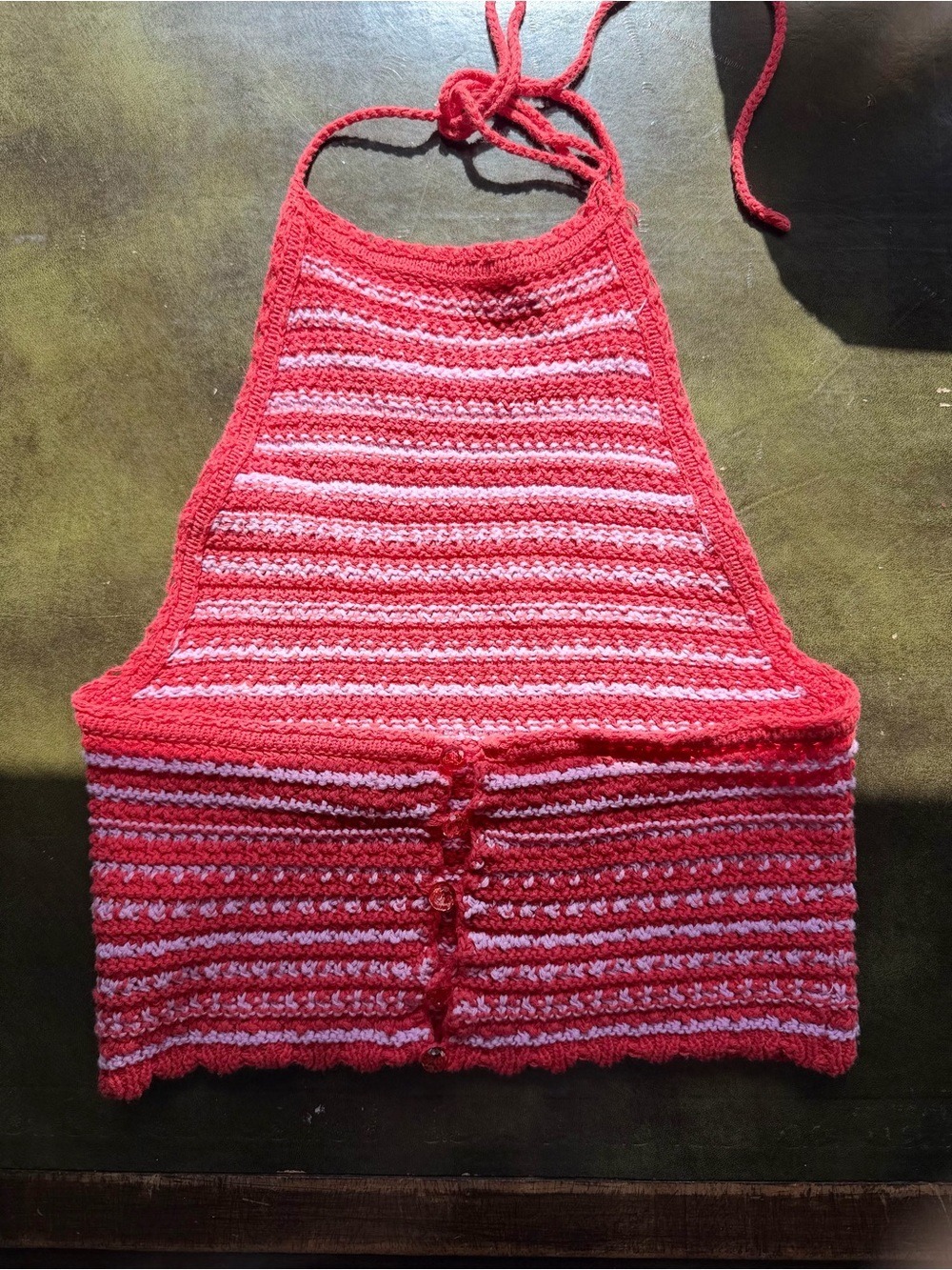 Urban Outfitters Crochet Halter Crop Top Coral Pink Striped Size Large - Picture 7 of 9